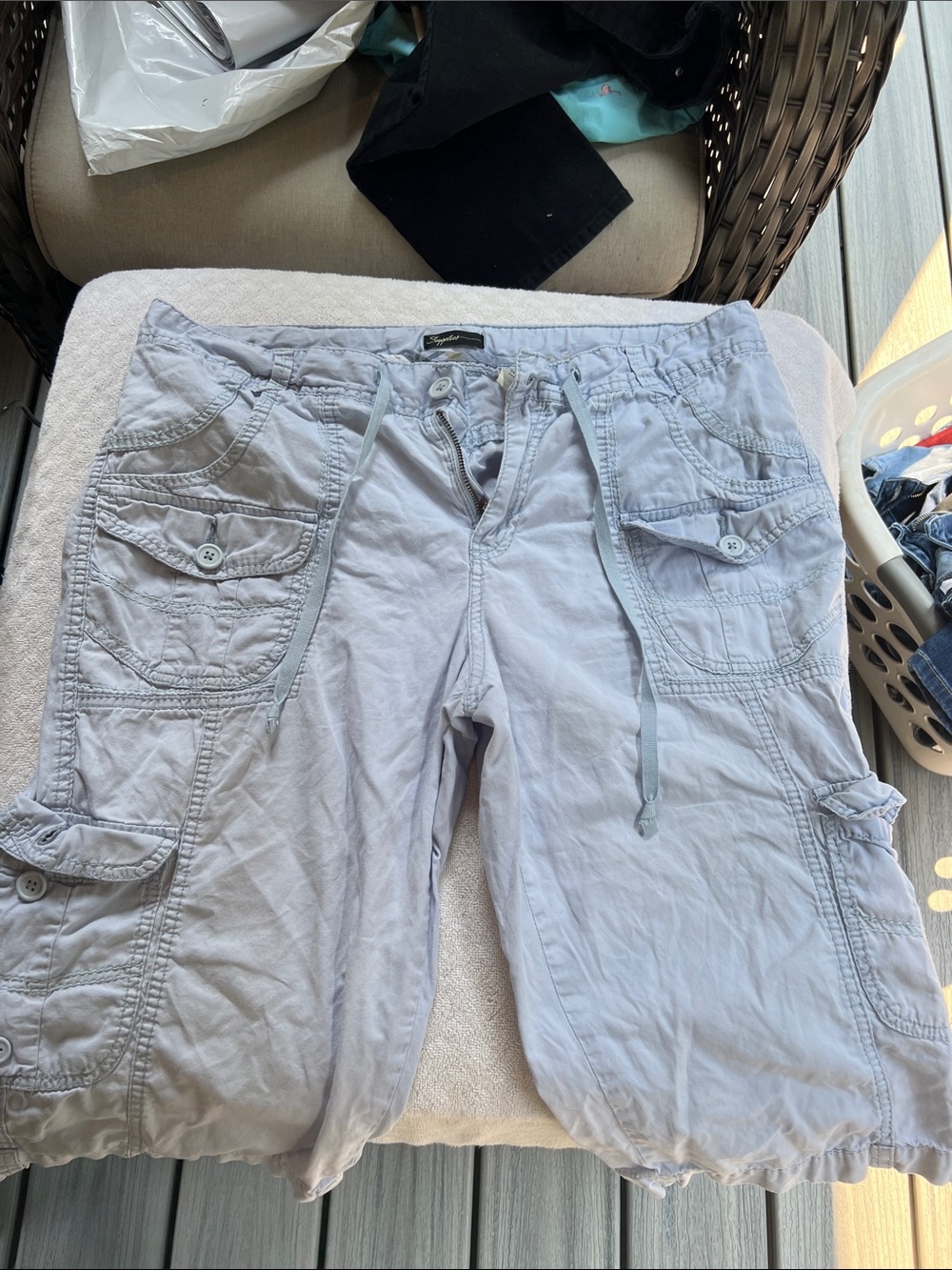 Women’s Light Blue Cargo Bermuda Shorts with Drawstring Waist